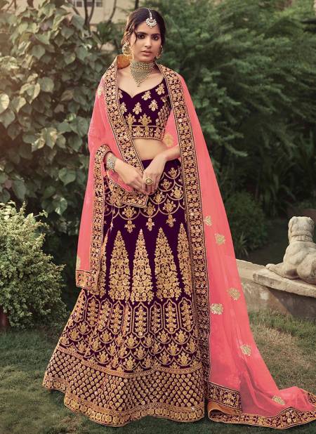 Wine Exclusive Bridal Wedding Wear Satin Heavy Embroidery With Stone Work Lehenga Choli Collection 4516